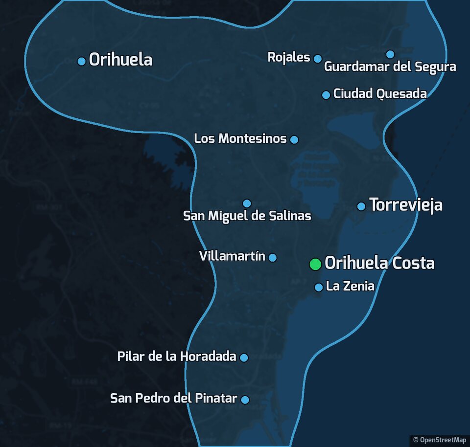 Kaart van mijn werkgebied rond Orihuela Costa en Torrevieja